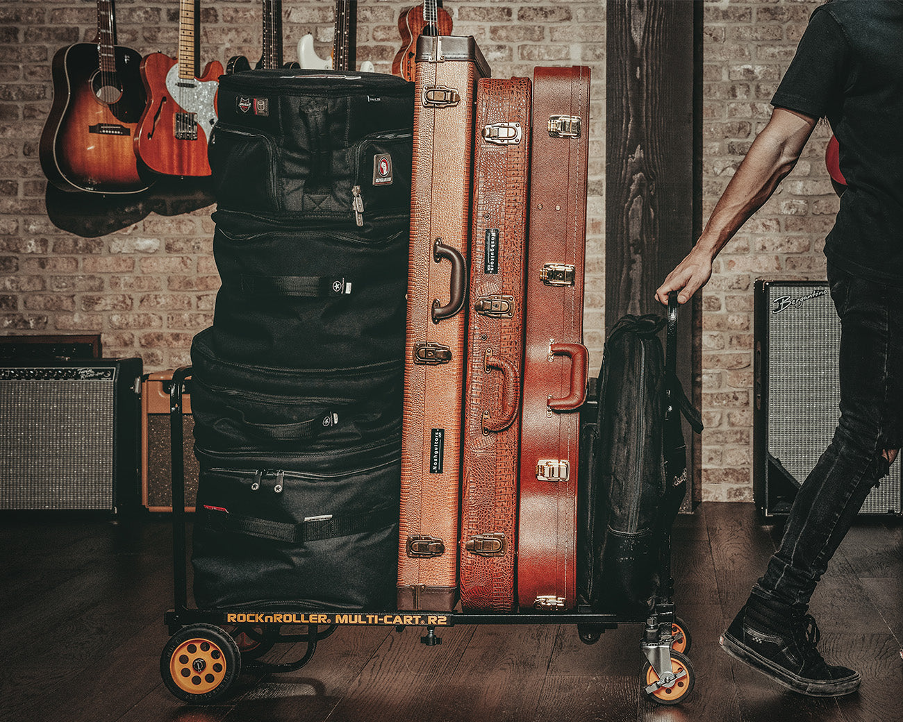 A lifestyle shot of RockNRoller® Multi-Cart® R2RT "Micro" carrying music gear